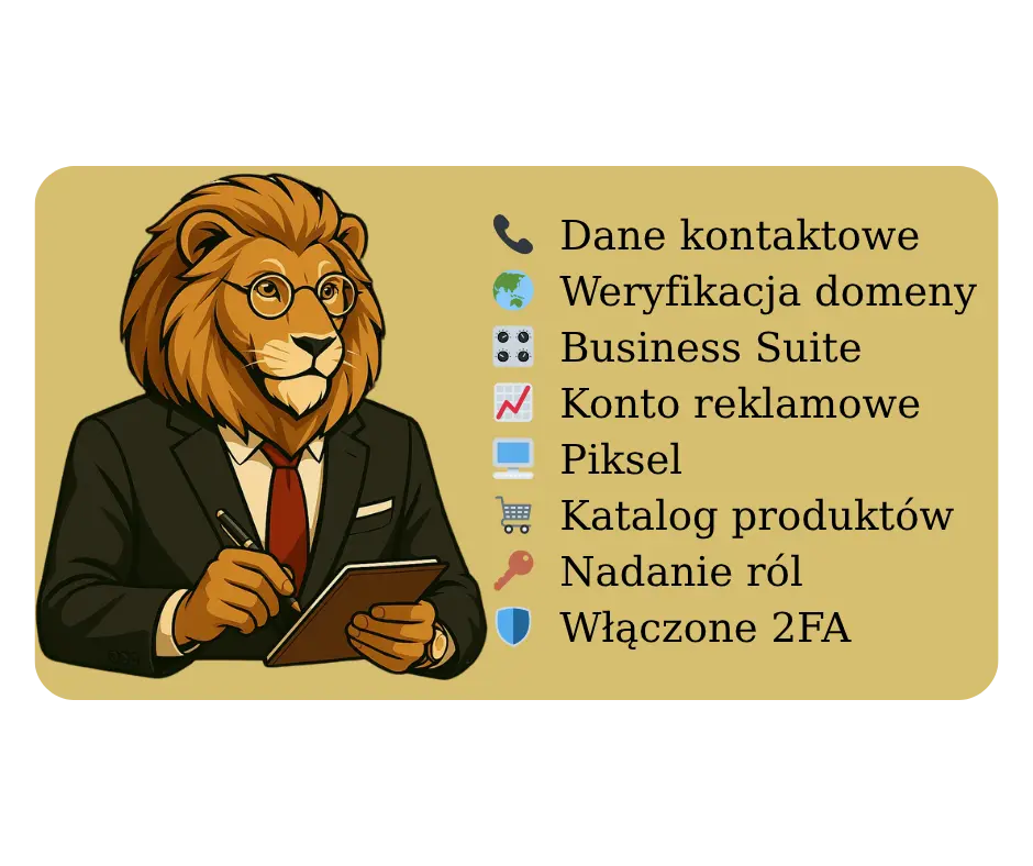 Anhur trzymający notes, obok checklista, co powinno się przygotować przed oddaniem fanpage, czyli: Dane kontaktowe, Weryfikacja domeny, Business Suite, Konto reklamowe, Piksel, Katalog produktów, Nadanie ról
🛡 Włączone 2FA